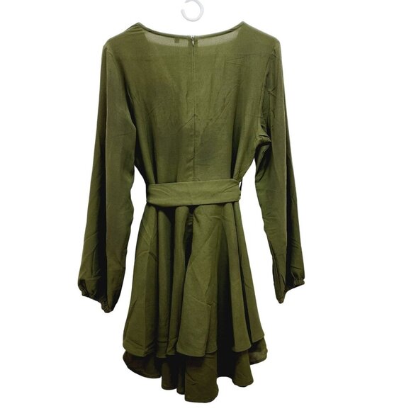 Green Long-Sleeve V-Neck Wrap Dress With Ruffle Hem & Tie Waist - Size L - Picture 12 of 12